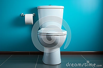 Clean and simple a white ceramic toilet stands against a backdrop of calming blue Stock Photo