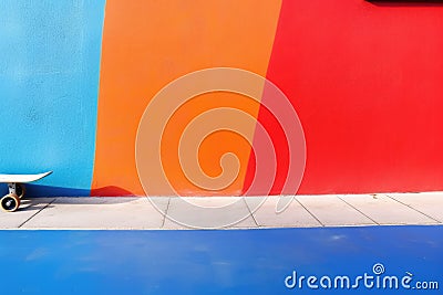 clean skateboard deck against a vibrant wall Stock Photo