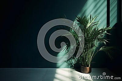 Clean and sleek dark green wall with tropical bamboo palm tree and copy space, AI generated Stock Photo