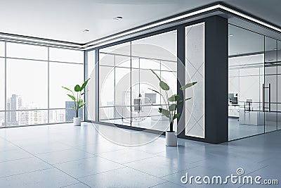 Clean spacious coworking concrete and glass office interior with equipment, furniture and panoramic window with city view. 3D Stock Photo