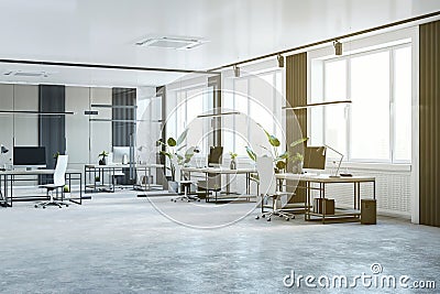 Clean spacious coworking office room interior with various objects. Stock Photo