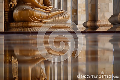 clean temple floor reflecting the image of a serene buddha statue Stock Photo