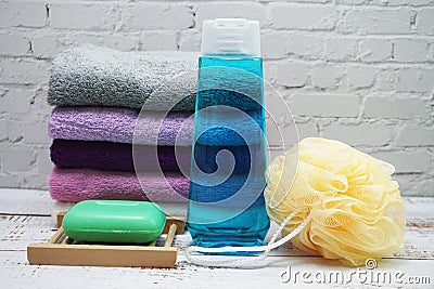 Clean Towel and Shower accessories bath items Stock Photo