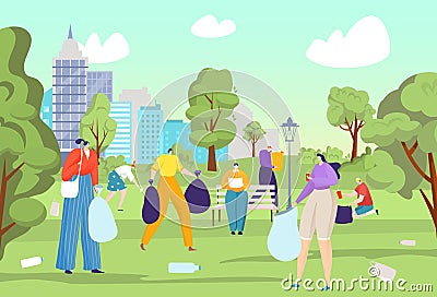 Clean up park from garbage, vector illustration. City environment ecology, volunteer community work with flat trash at Vector Illustration