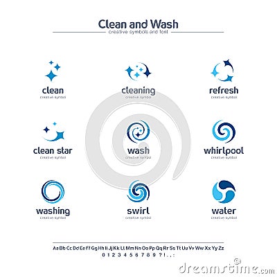 Clean and wash creative symbols set, font concept. Water refresh, laundry service abstract business logo. Swirl, shine Vector Illustration