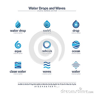 Clean water drops and waves creative symbols set, font concept. Fresh swirl blue color abstract business logo. Ocean Vector Illustration