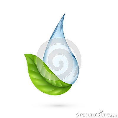 Clean water logo. Realistic water drop with green leaf. World environment day. Industrial purification aqua, isolated Vector Illustration