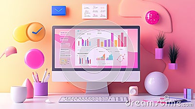 A clean web design dashboard displayed on a bright computer screen with organized tools. digital Stock Photo