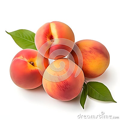 four ripe peaches Against a clean white background The peach will be in a prominent position in the center of the frame. Stock Photo