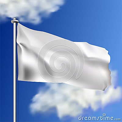 Clean white horizontal waving flag, on sky background. Realistic vector flag mockup. Template for business. Vector Illustration
