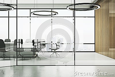 Clean wooden, glass and concrete office interior with daylight. Stock Photo