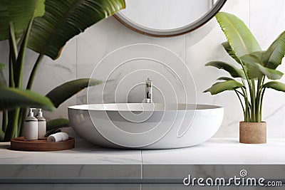 bathroom tropical green design home apartment white clean leaf interior sink. Generative AI. Stock Photo