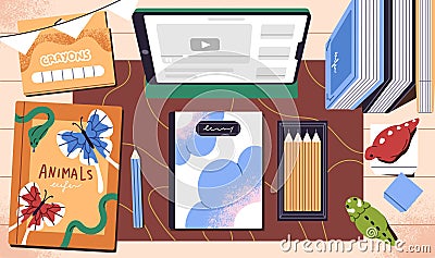Clean workplace with tablet, notebook and drawing stationery top view. Tidy desk with chalks, pencils, notepad. Neat Vector Illustration