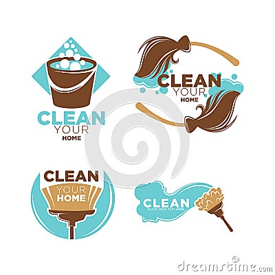 Clean your home service promo logotypes illustrations set Vector Illustration