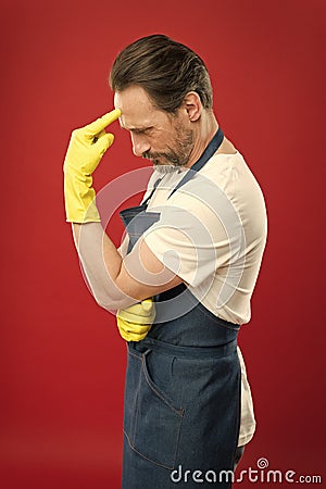 Clean your mind. Bearded guy cleaning home. Bearded worker. On guard of cleanliness. Cleaning service and household duty Stock Photo