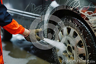 cleaner applying degreaser on a car wheel for tough grime Stock Photo