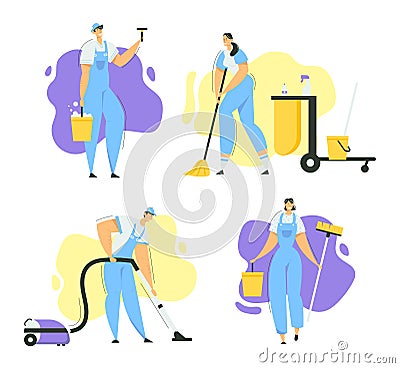 Cleaner Characters with Mop, Vacuum Cleaner and Tools. Cleaning Service with Staff with Equipment. Housewife Washing Vector Illustration