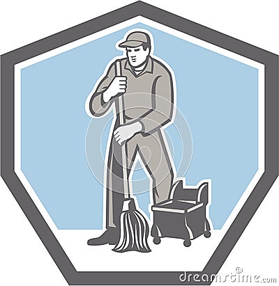 Cleaner Janitor Mopping Floor Retro Shield Vector Illustration