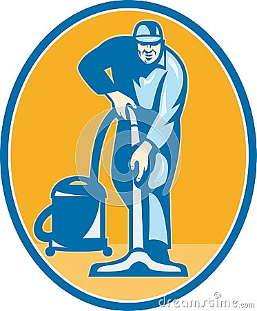 Cleaner Janitor Worker Vacuum Cleaning Vector Illustration