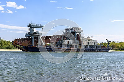 Cleaner ship clean river fairway waterway Don river. River near Stock Photo