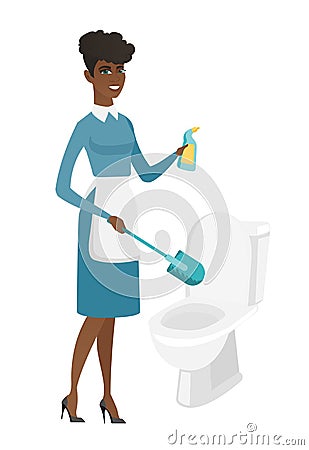 Cleaner in uniform cleaning toilet bowl. Vector Illustration