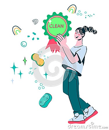 Cleaner woman in uniform holding high quality cleaning label or badge, cartoon vector Vector Illustration