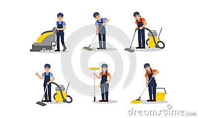 Cleaners Executing Their Work Duties Vector Illustrations Set Vector Illustration