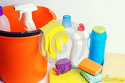 Cleaners on an isolated white background, housekeeping , supplies, concept of cleanliness Stock Photo