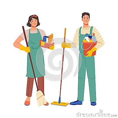 Cleaners or janitors cleaning service workers set Vector Illustration