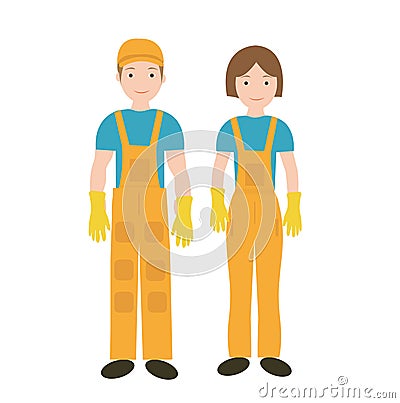 Cleaners in uniform woman and man icon, flat style. Workers isolated on white background. Vector illustration. Vector Illustration