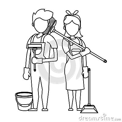 Cleaners workers with cleaning equipment in black and white Vector Illustration