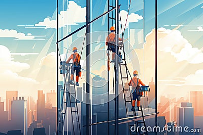 Cleaners workers washing windows Cartoon Illustration