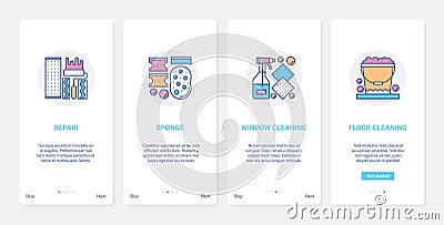 Cleaning accessories tools UX, UI onboarding mobile app page screen set with line cleaner Vector Illustration