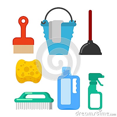 Cleaning Accessory. washing brush and plunger. bucket and floor Vector Illustration