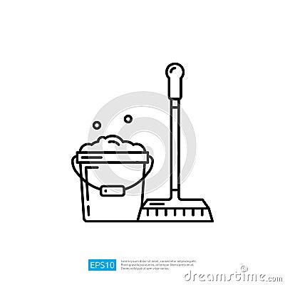 cleaning Bucket and broom icon Vector Illustration