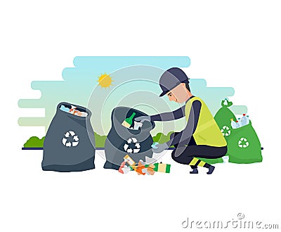 Cleaning city. Household waste, recycling. Employee of service collect garbage. Vector Illustration