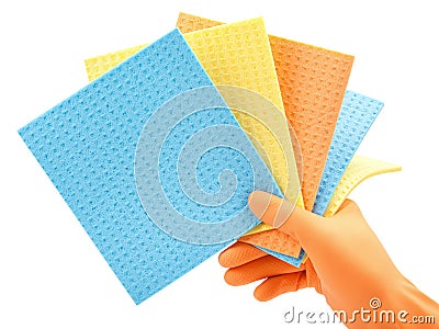 Cleaning clothes in hand in protective glove Stock Photo