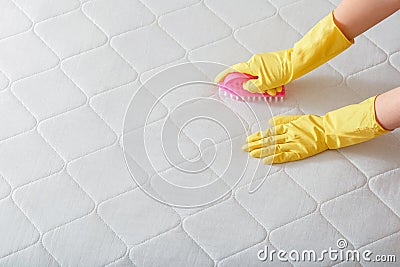 Cleaning company Employee hand cleans surface of mattress on bed with brush. Cleaning disinfection surfaces. Hand in glove do Stock Photo