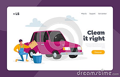 Cleaning Company Employee Working Process Landing Page Template. Man Cleaning Vehicle. Car Wash Service on Auto Station Stock Photo