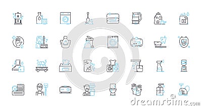 Cleaning company linear icons set. Disinfecting, Sanitizing, Tidying, Organizing, Detailing, Purifying, Scrubbing line Vector Illustration