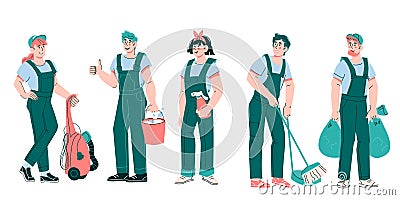 Cleaning company staff cartoon characters - women and men, cartoon vector isolated Vector Illustration