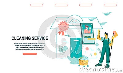 Cleaning company website template with cleaner or janitor, vector illustration Cartoon Illustration