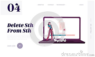Cleaning Computer Space, Deletion of Information Landing Page Template. Tiny Female Character Sweeping Binary Code Vector Illustration