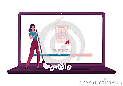 Cleaning Computer Space, Deletion of Secret Information and Docs. Tiny Female Character Sweeping Binary Code Vector Illustration