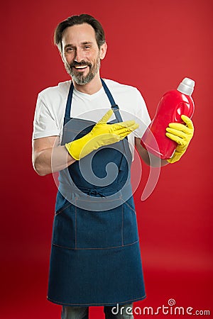 Cleaning day today. Bearded guy cleaning home. Cleanliness and order. Cleaning service and household duty. So dirty. Man Stock Photo