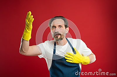 Cleaning day today. Bearded guy cleaning home. On guard of cleanliness and order. Cleaning service and household duty Stock Photo