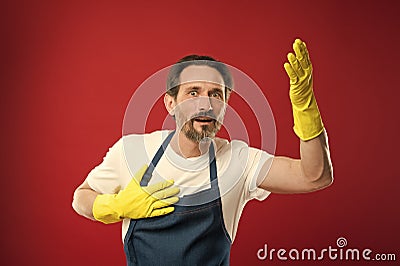 Cleaning day today. Bearded guy cleaning home. On guard of cleanliness and order. Cleaning service and household duty Stock Photo