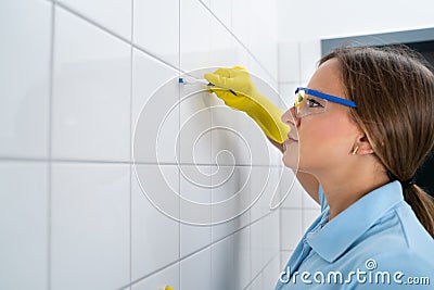 Cleaning Dirty Tile Grout In Bathroom Stock Photo