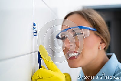 Cleaning Dirty Tile Grout In Bathroom Stock Photo