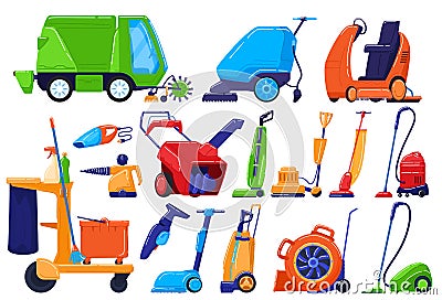 Cleaning equipment, maintenance service appliance, sweeper for house and street, vector illustration Vector Illustration